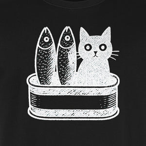 Cat T-Shirt with Sardines Tin Illustration, Funny Coastal Design for Kitty Lovers and Fish Fans