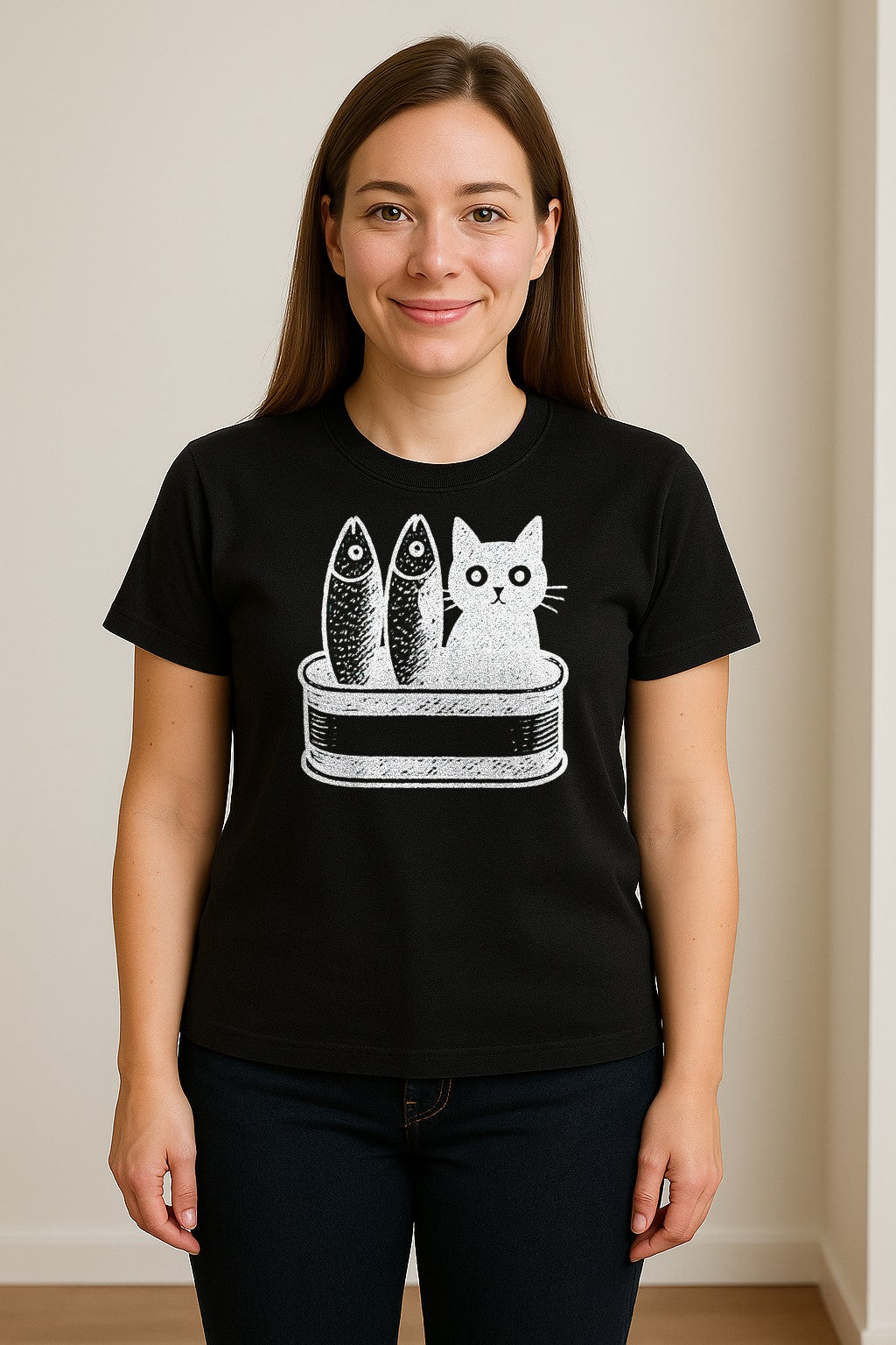Cat T-Shirt with Sardines Tin Illustration, Funny Coastal Design for Kitty Lovers and Fish Fans