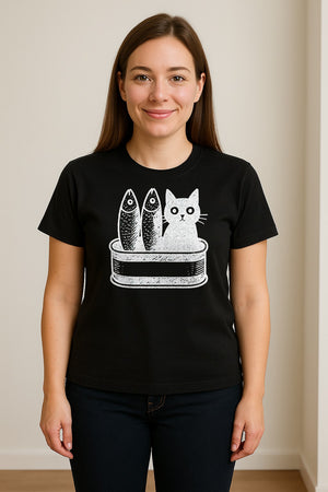 Cat T-Shirt with Sardines Tin Illustration, Funny Coastal Design for Kitty Lovers and Fish Fans