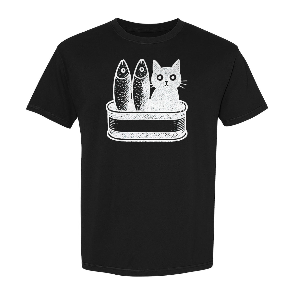 Cat T-Shirt with Sardines Tin Illustration, Funny Coastal Design for Kitty Lovers and Fish Fans
