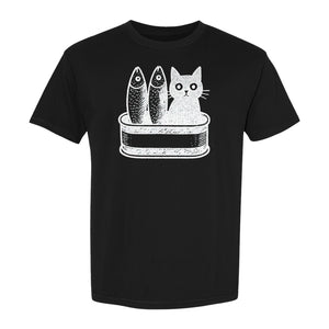 Cat T-Shirt with Sardines Tin Illustration, Funny Coastal Design for Kitty Lovers and Fish Fans