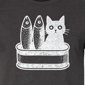 Cat T-Shirt with Sardines Tin Illustration, Funny Coastal Design for Kitty Lovers and Fish Fans