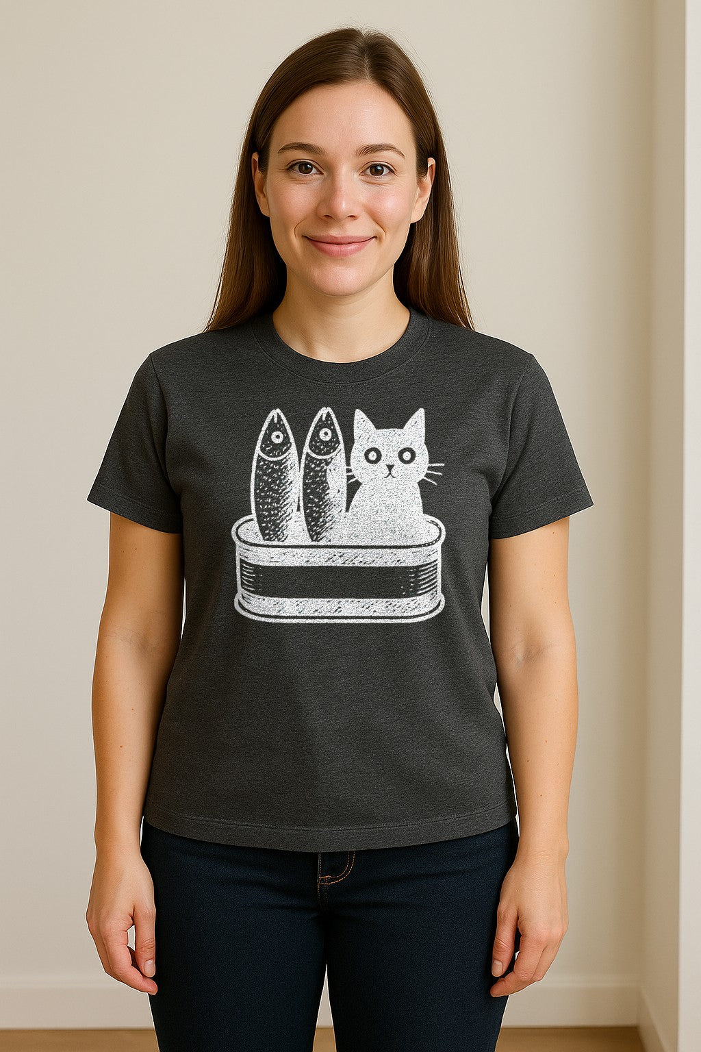 Cat T-Shirt with Sardines Tin Illustration, Funny Coastal Design for Kitty Lovers and Fish Fans