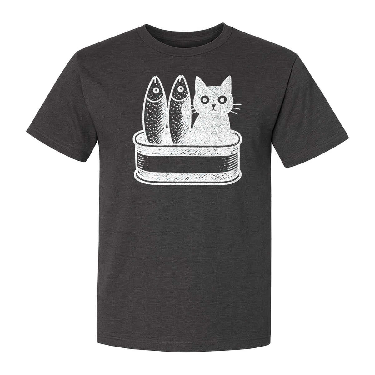 Cat T-Shirt with Sardines Tin Illustration, Funny Coastal Design for Kitty Lovers and Fish Fans
