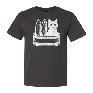 Cat T-Shirt with Sardines Tin Illustration, Funny Coastal Design for Kitty Lovers and Fish Fans