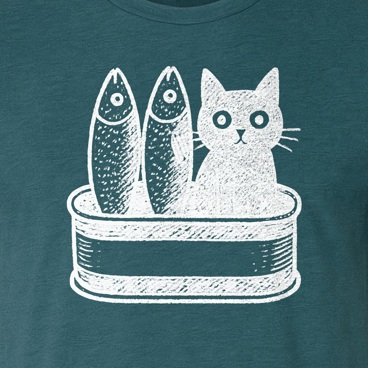 Cat T-Shirt with Sardines Tin Illustration, Funny Coastal Design for Kitty Lovers and Fish Fans