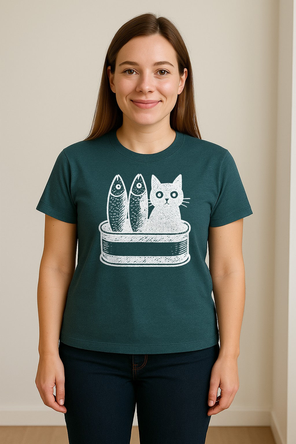 Cat T-Shirt with Sardines Tin Illustration, Funny Coastal Design for Kitty Lovers and Fish Fans