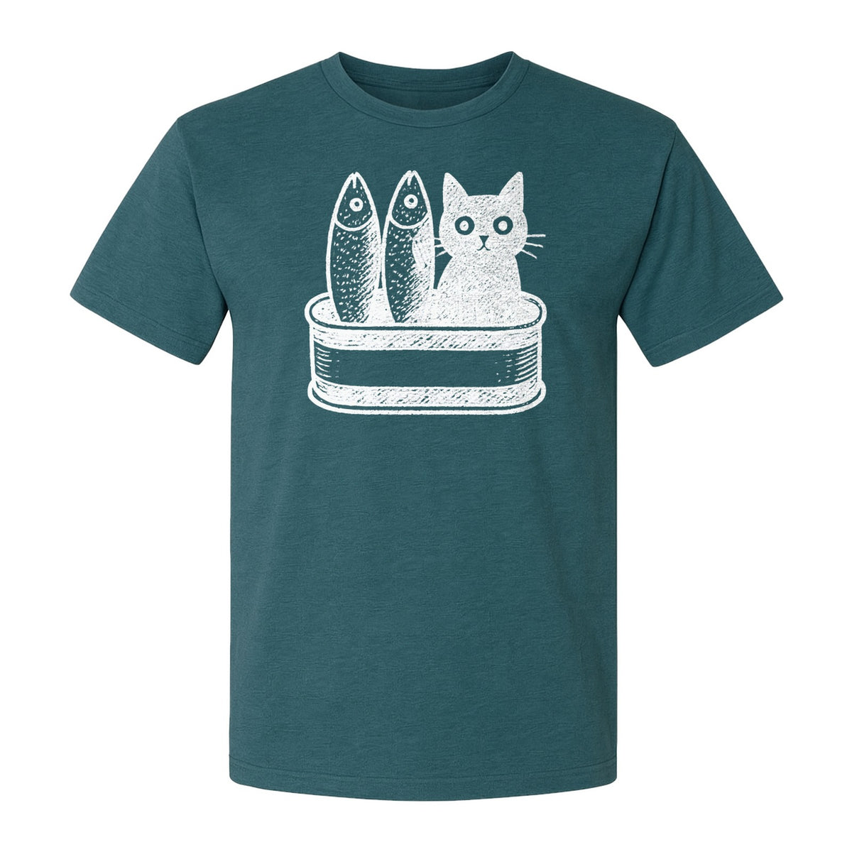 Cat T-Shirt with Sardines Tin Illustration, Funny Coastal Design for Kitty Lovers and Fish Fans
