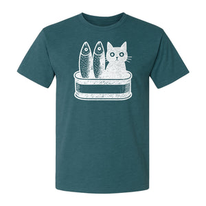 Cat T-Shirt with Sardines Tin Illustration, Funny Coastal Design for Kitty Lovers and Fish Fans