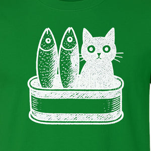 Cat T-Shirt with Sardines Tin Illustration, Funny Coastal Design for Kitty Lovers and Fish Fans