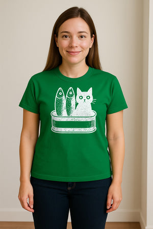 Cat T-Shirt with Sardines Tin Illustration, Funny Coastal Design for Kitty Lovers and Fish Fans