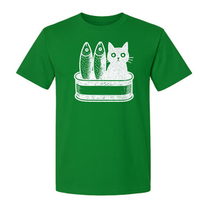 Cat T-Shirt with Sardines Tin Illustration, Funny Coastal Design for Kitty Lovers and Fish Fans