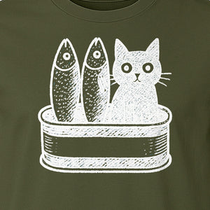 Cat T-Shirt with Sardines Tin Illustration, Funny Coastal Design for Kitty Lovers and Fish Fans