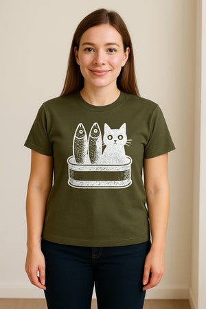 Cat T-Shirt with Sardines Tin Illustration, Funny Coastal Design for Kitty Lovers and Fish Fans