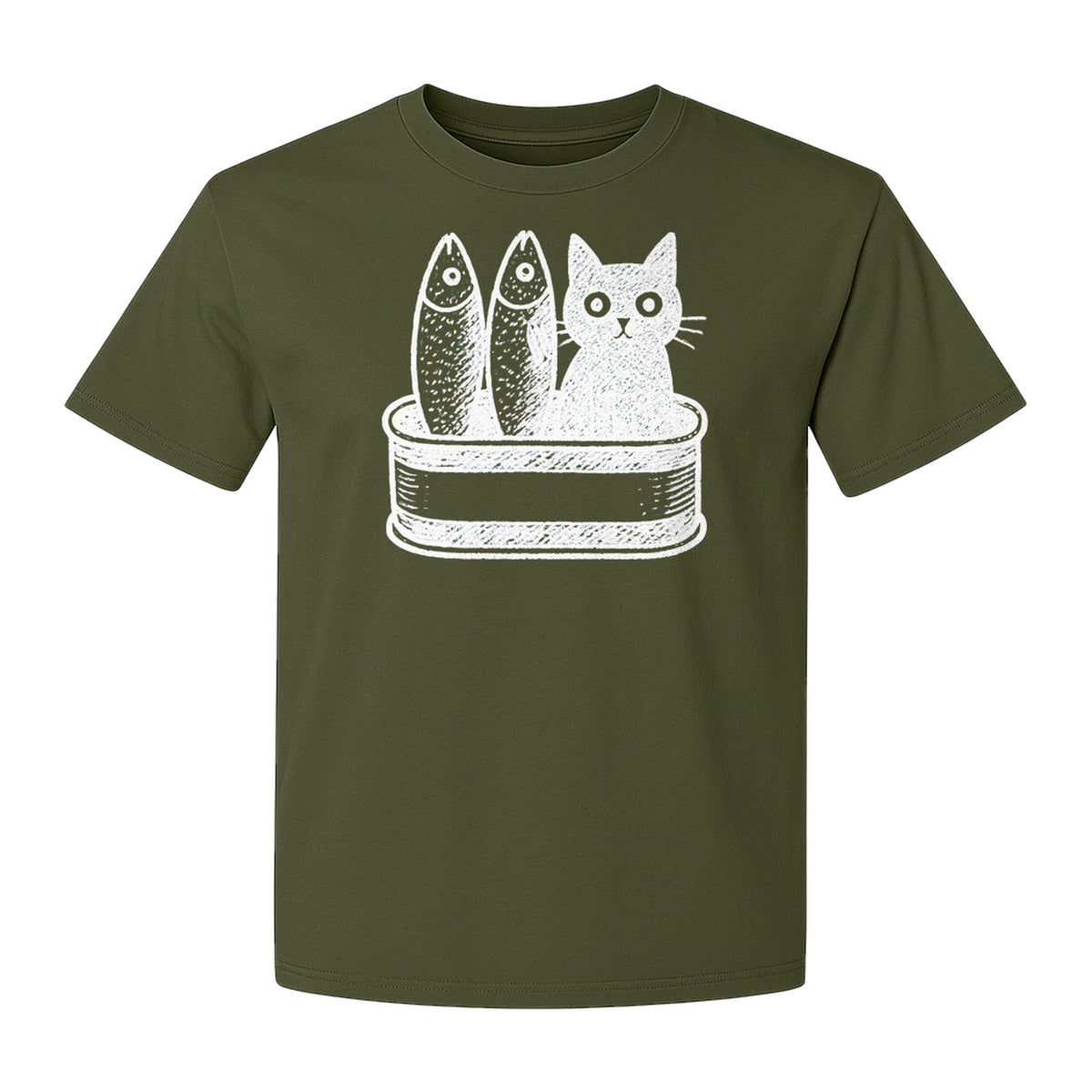 Cat T-Shirt with Sardines Tin Illustration, Funny Coastal Design for Kitty Lovers and Fish Fans
