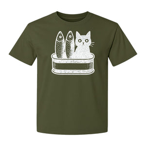 Cat T-Shirt with Sardines Tin Illustration, Funny Coastal Design for Kitty Lovers and Fish Fans