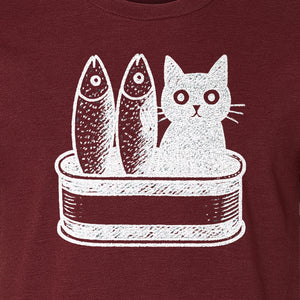 Cat T-Shirt with Sardines Tin Illustration, Funny Coastal Design for Kitty Lovers and Fish Fans