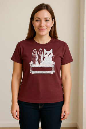 Cat T-Shirt with Sardines Tin Illustration, Funny Coastal Design for Kitty Lovers and Fish Fans