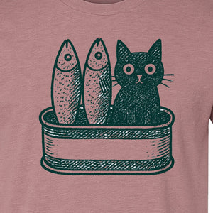 Cat T-Shirt with Sardines Tin Illustration, Funny Coastal Design for Kitty Lovers and Fish Fans