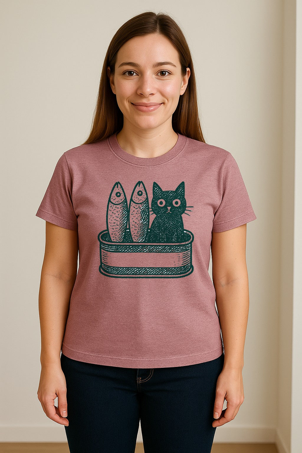 Cat T-Shirt with Sardines Tin Illustration, Funny Coastal Design for Kitty Lovers and Fish Fans
