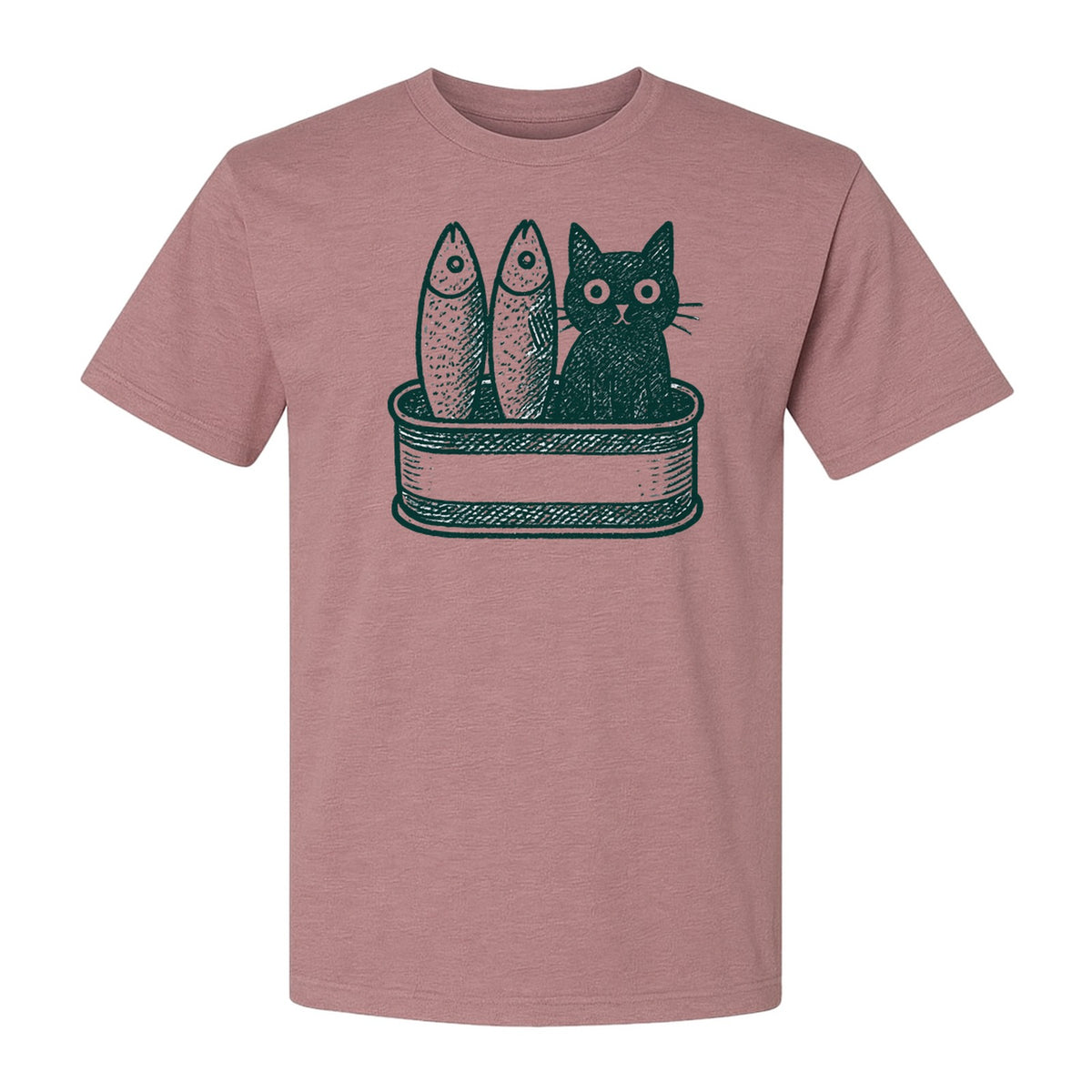 Cat T-Shirt with Sardines Tin Illustration, Funny Coastal Design for Kitty Lovers and Fish Fans