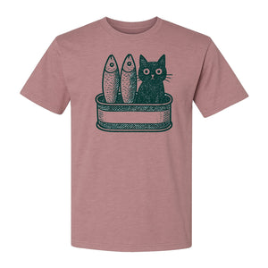 Cat T-Shirt with Sardines Tin Illustration, Funny Coastal Design for Kitty Lovers and Fish Fans