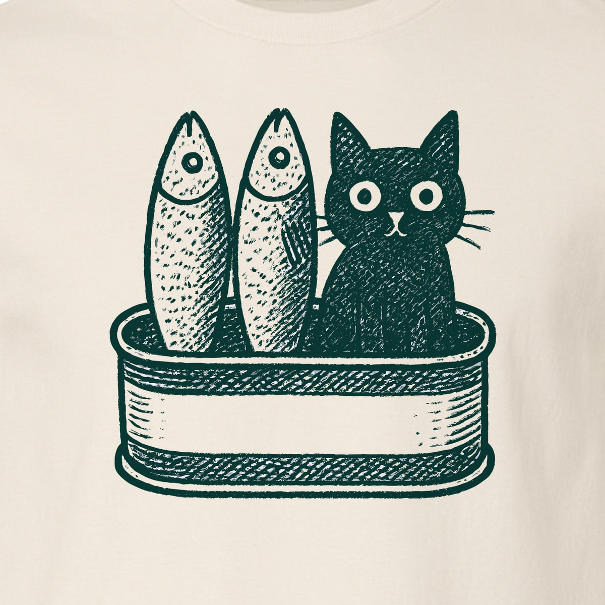 Cat T-Shirt with Sardines Tin Illustration, Funny Coastal Design for Kitty Lovers and Fish Fans