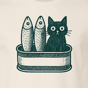 Cat T-Shirt with Sardines Tin Illustration, Funny Coastal Design for Kitty Lovers and Fish Fans