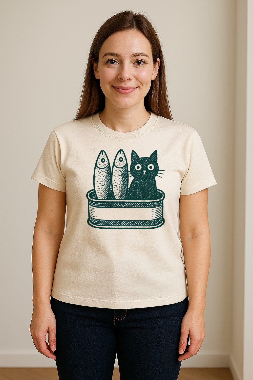 Cat T-Shirt with Sardines Tin Illustration, Funny Coastal Design for Kitty Lovers and Fish Fans