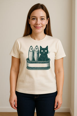 Cat T-Shirt with Sardines Tin Illustration, Funny Coastal Design for Kitty Lovers and Fish Fans