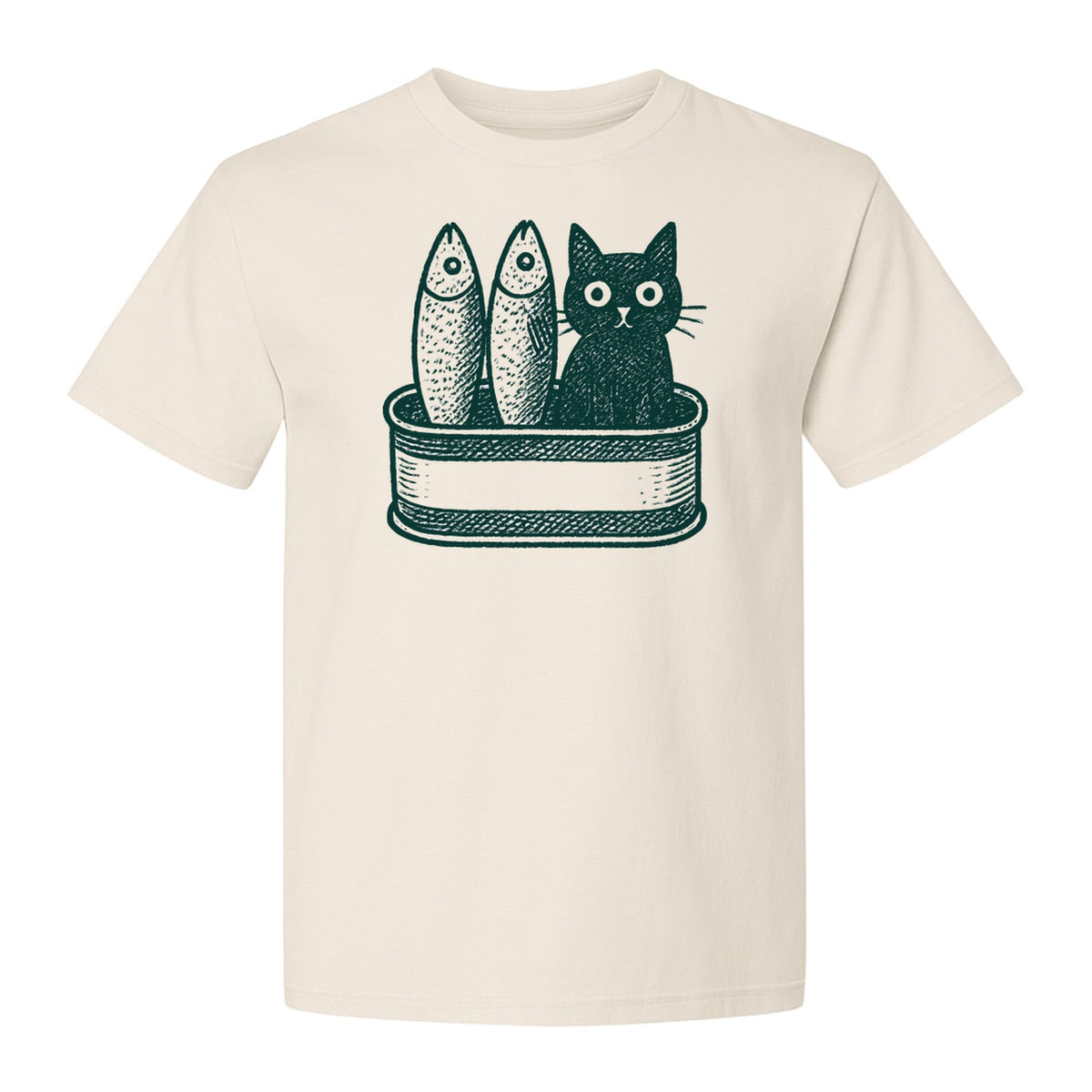 Cat T-Shirt with Sardines Tin Illustration, Funny Coastal Design for Kitty Lovers and Fish Fans