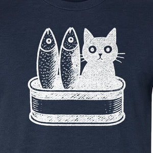 Cat T-Shirt with Sardines Tin Illustration, Funny Coastal Design for Kitty Lovers and Fish Fans