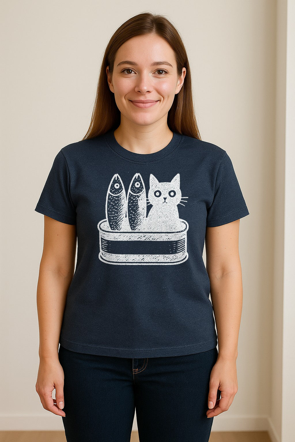 Cat T-Shirt with Sardines Tin Illustration, Funny Coastal Design for Kitty Lovers and Fish Fans
