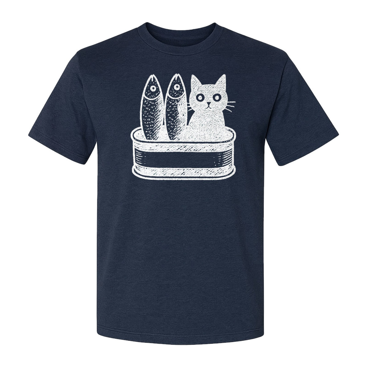 Cat T-Shirt with Sardines Tin Illustration, Funny Coastal Design for Kitty Lovers and Fish Fans