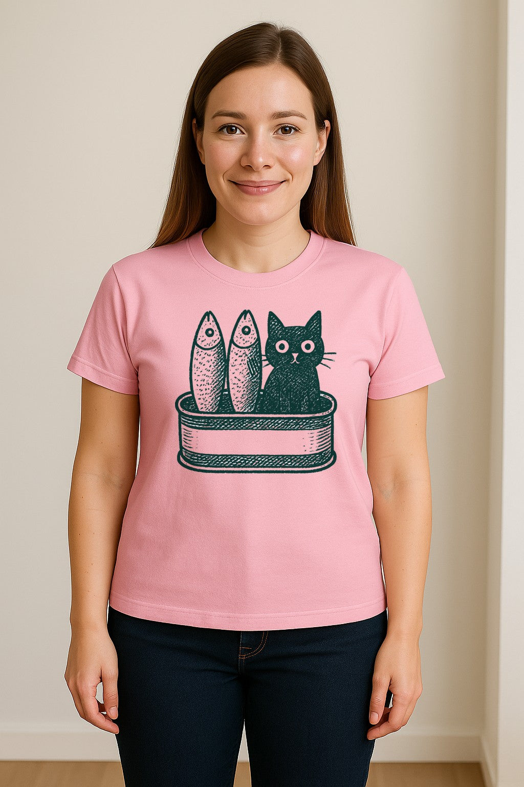 Cat T-Shirt with Sardines Tin Illustration, Funny Coastal Design for Kitty Lovers and Fish Fans
