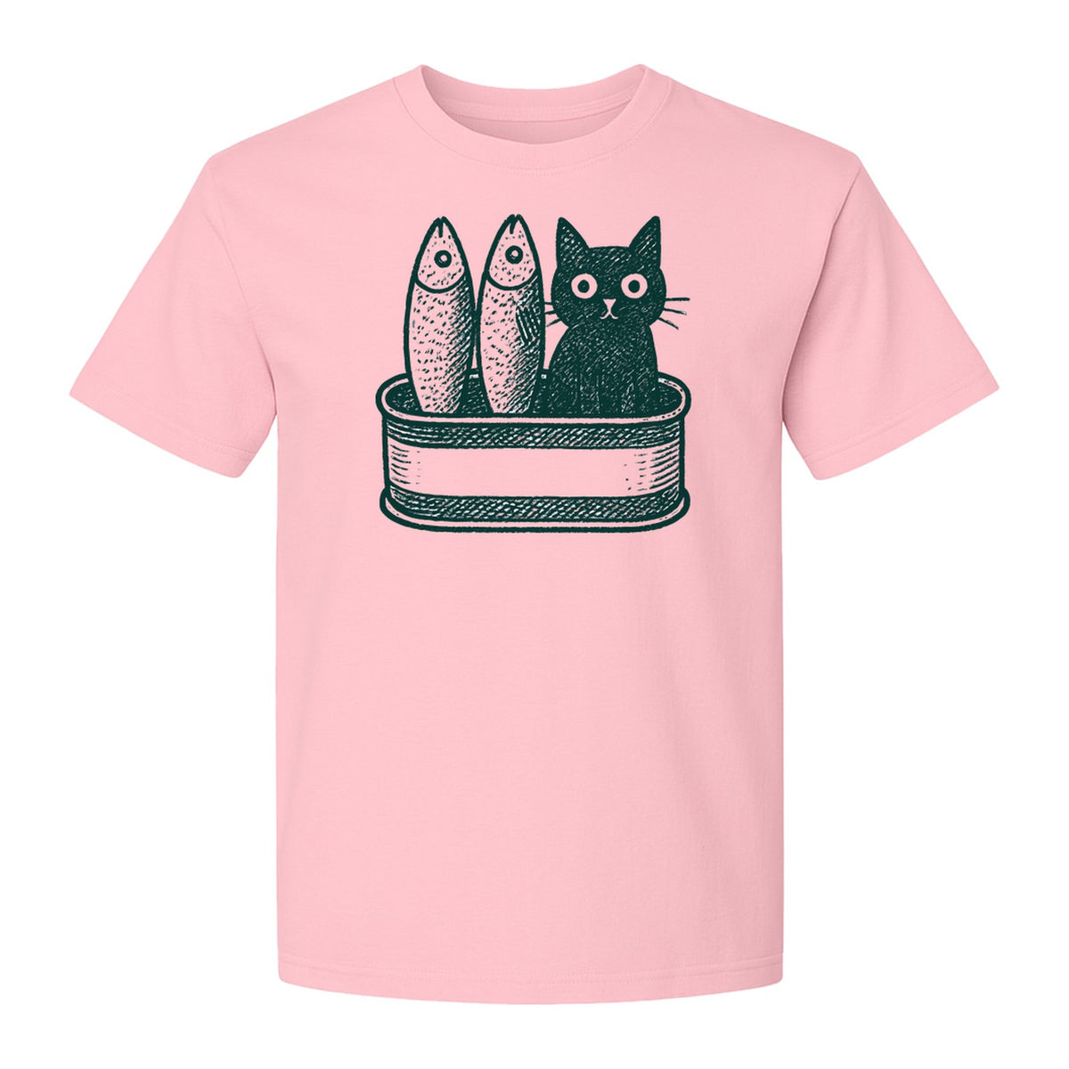 Cat T-Shirt with Sardines Tin Illustration, Funny Coastal Design for Kitty Lovers and Fish Fans