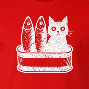 Cat T-Shirt with Sardines Tin Illustration, Funny Coastal Design for Kitty Lovers and Fish Fans