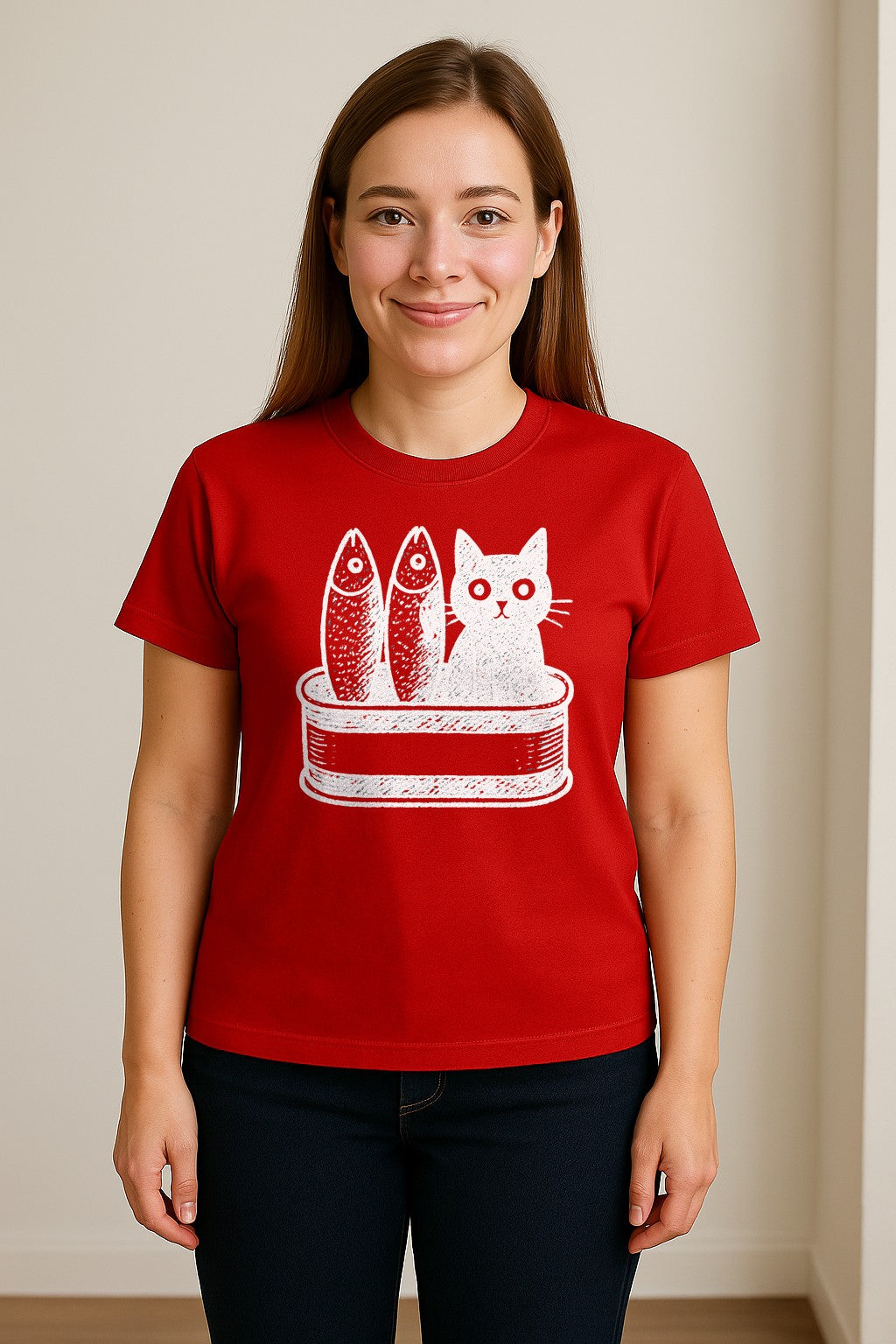 Cat T-Shirt with Sardines Tin Illustration, Funny Coastal Design for Kitty Lovers and Fish Fans