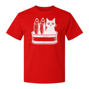 Cat T-Shirt with Sardines Tin Illustration, Funny Coastal Design for Kitty Lovers and Fish Fans