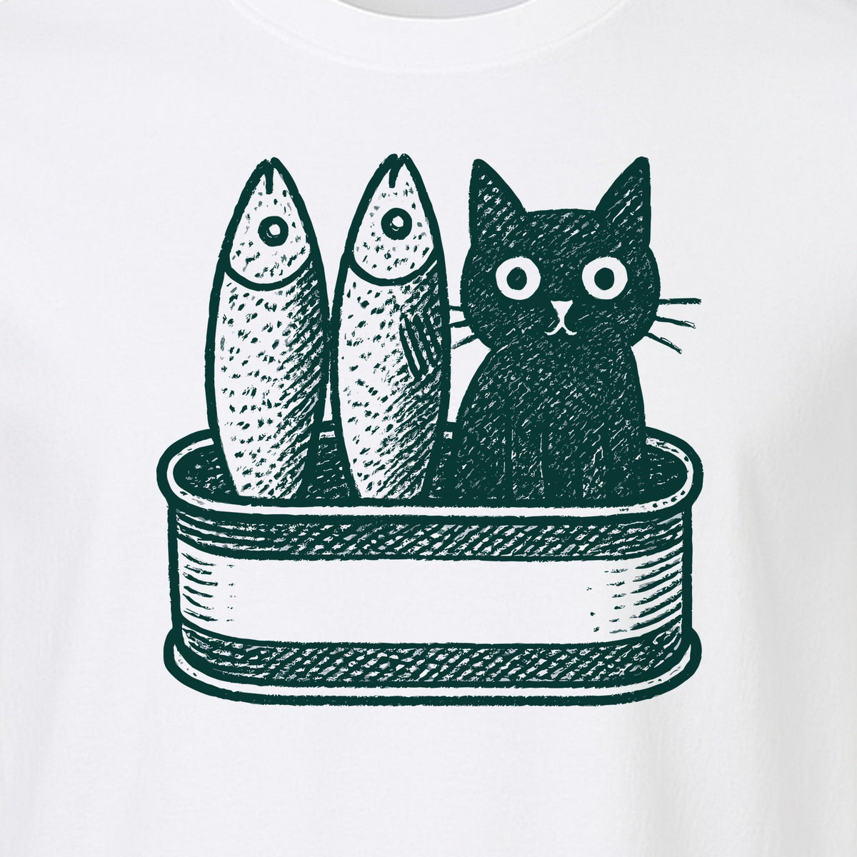 Cat T-Shirt with Sardines Tin Illustration, Funny Coastal Design for Kitty Lovers and Fish Fans