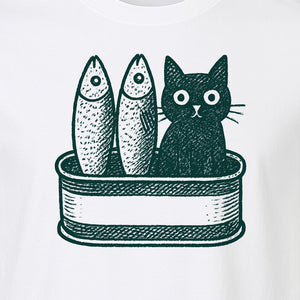 Cat T-Shirt with Sardines Tin Illustration, Funny Coastal Design for Kitty Lovers and Fish Fans