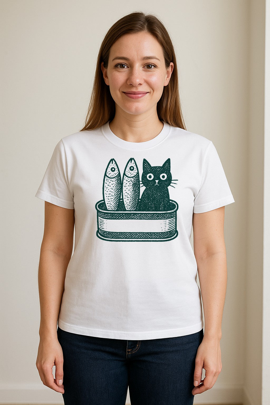 Cat T-Shirt with Sardines Tin Illustration, Funny Coastal Design for Kitty Lovers and Fish Fans