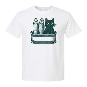 Cat T-Shirt with Sardines Tin Illustration, Funny Coastal Design for Kitty Lovers and Fish Fans