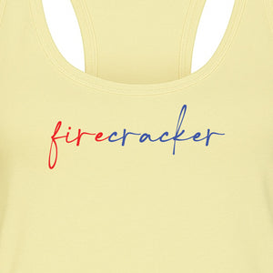 Firecracker Women's Racerback Tank Top, Red White and Blue Script Patriotic Fourth of July Design