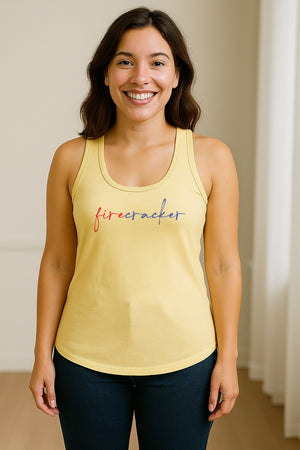 Firecracker Women's Racerback Tank Top, Red White and Blue Script Patriotic Fourth of July Design