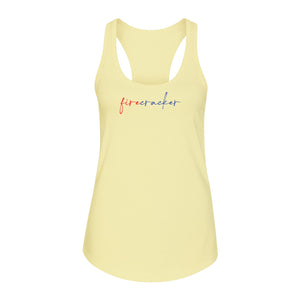 Firecracker Women's Racerback Tank Top, Red White and Blue Script Patriotic Fourth of July Design