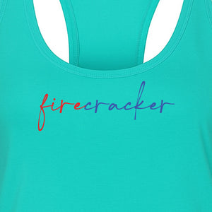 Firecracker Women's Racerback Tank Top, Red White and Blue Script Patriotic Fourth of July Design