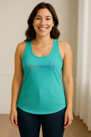 Firecracker Women's Racerback Tank Top, Red White and Blue Script Patriotic Fourth of July Design