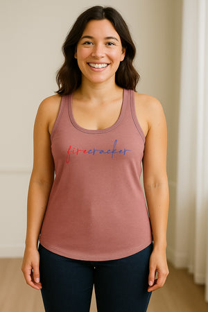 Firecracker Women's Racerback Tank Top, Red White and Blue Script Patriotic Fourth of July Design