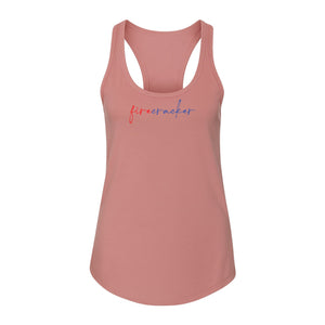 Firecracker Women's Racerback Tank Top, Red White and Blue Script Patriotic Fourth of July Design